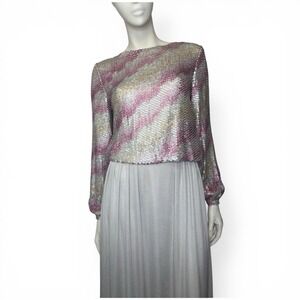Malcom Starr Vintage 70's Ombré Pink‎ & Silver Sequin Top And Maxi Skirt Gown M